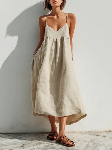 Women's Lightweight Linen Swing Dress With Loose Fit & Asymmetric Hem, Contemporary Effortless-Elegant Style Dress MDZ1369D3LYL