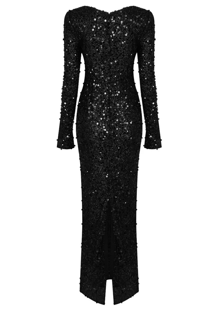 Long Sleeve Crystal Sequin Maxi Dress Black