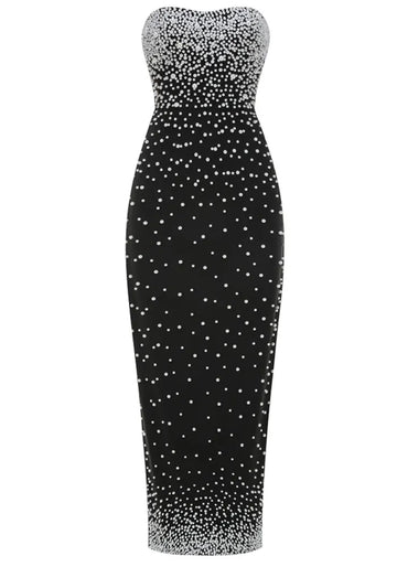 Strapless Pearl Embellished Maxi Dress Black