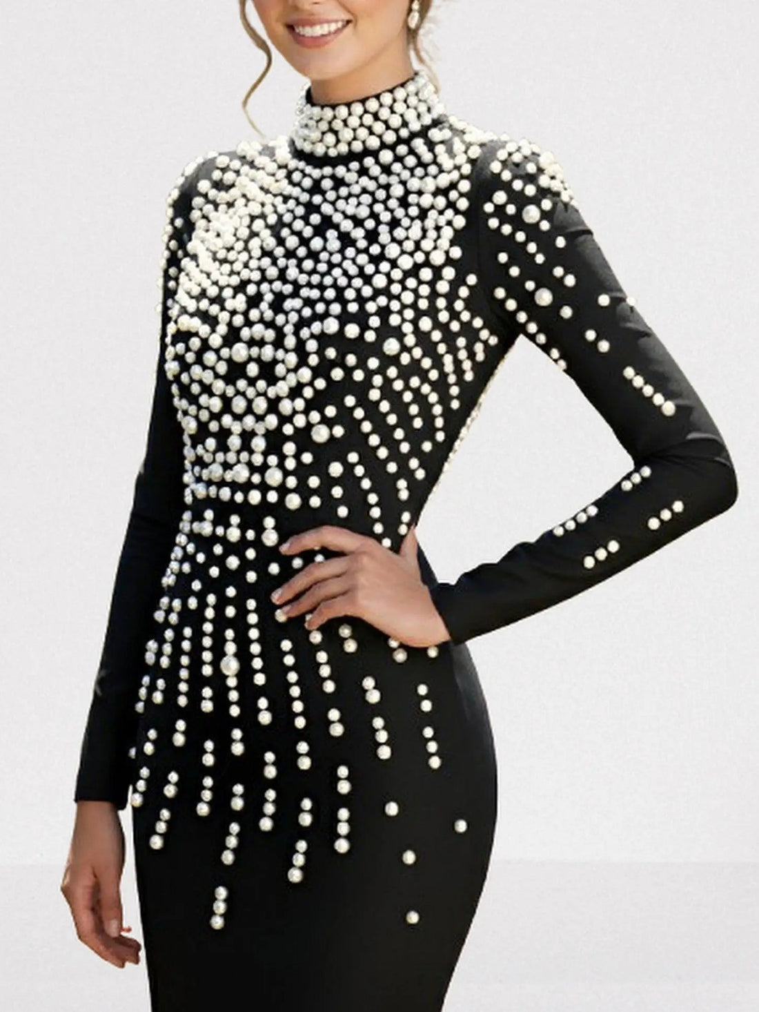 Pearl-Embellished Backless Long-Sleeve Maxi Gown