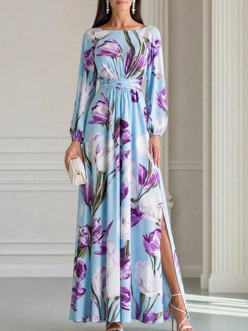 Light Blue Purple Tulip Print Boat Neck Slit Maxi Dress