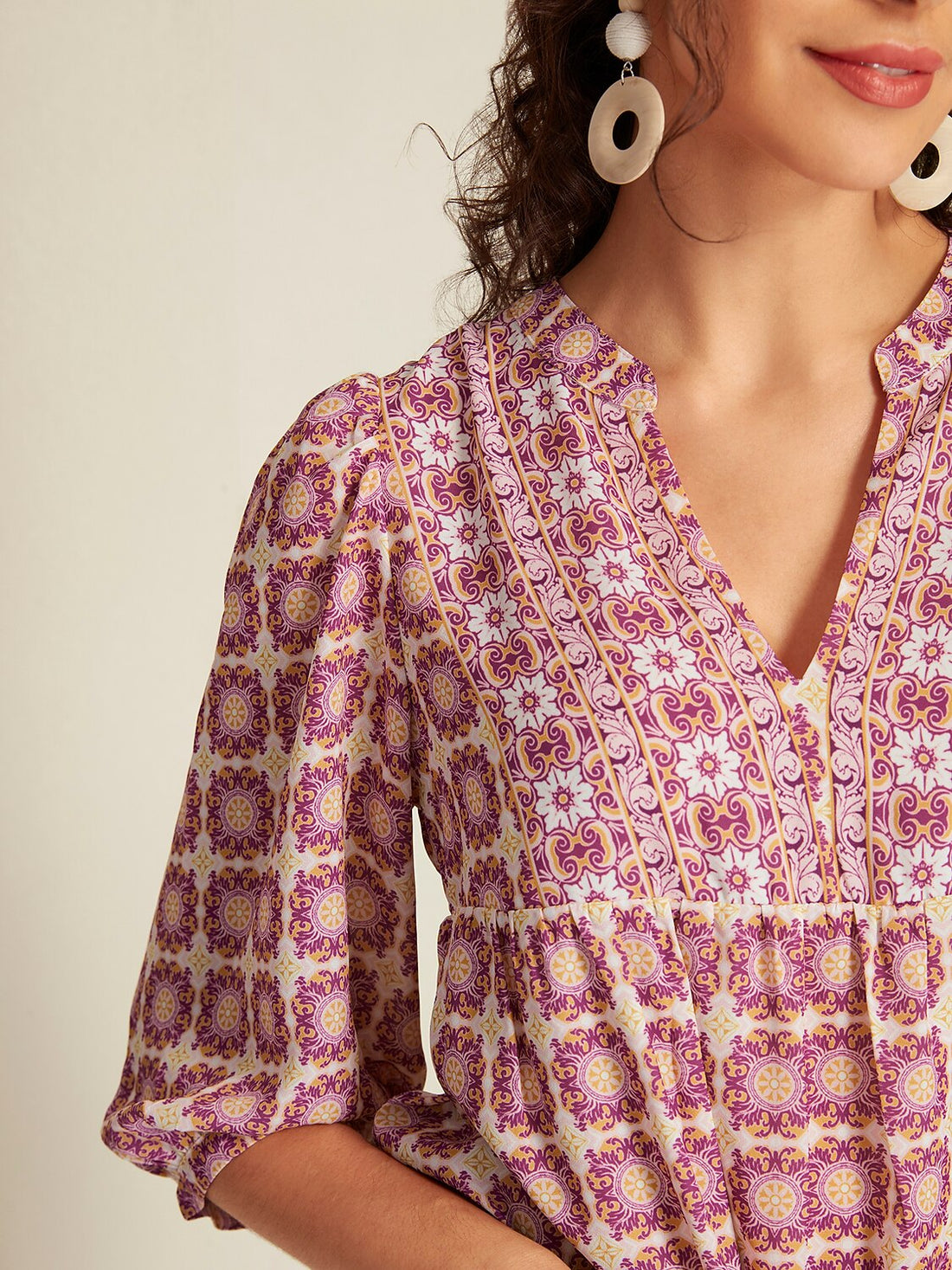 Chiffon Ethnic Floral Print Half Sleeve V-Neck Midi Dress
