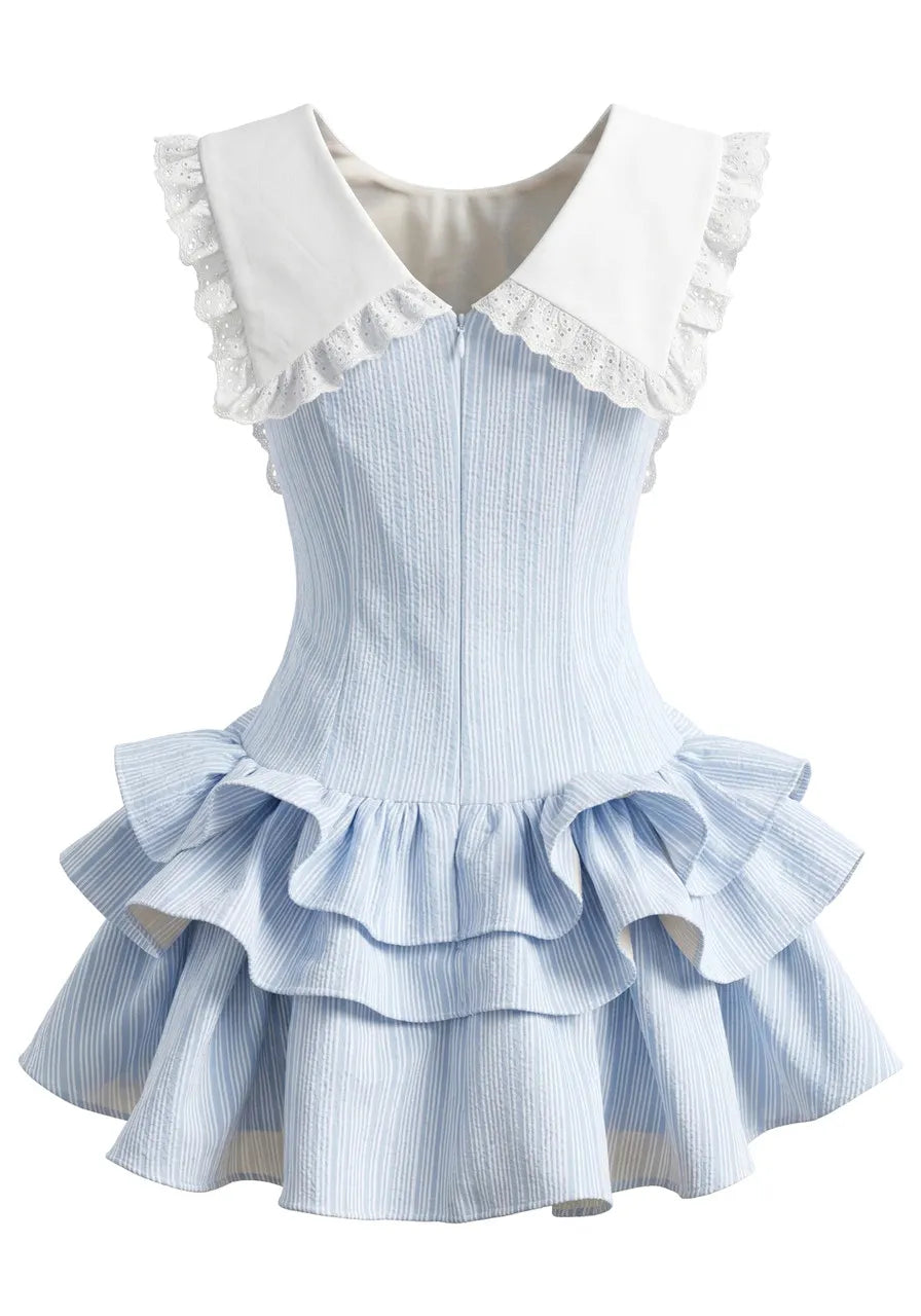 Bow Detail Striped Ruffle Dress Blue White