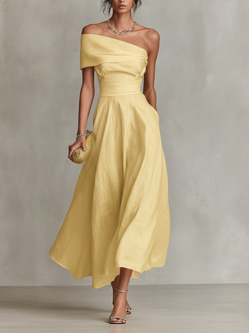 Women's Yellow Linen Dress With One-Shoulder Neckline & Fitted Waist, Timeless Elegant-Chic Style Dress MDZ2630B3I