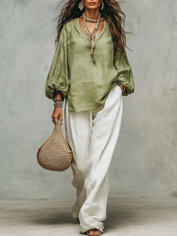 Green Lantern Sleeve Shirt And Loose White Wide-leg Pants Suit