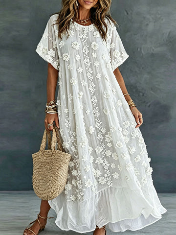 Women's Vintage Romantic White Floral Art Linen Blend Round Neck Maxi Dress