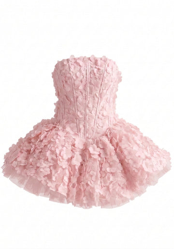 Strapless Floral Petal A Line Corset Dress Pink