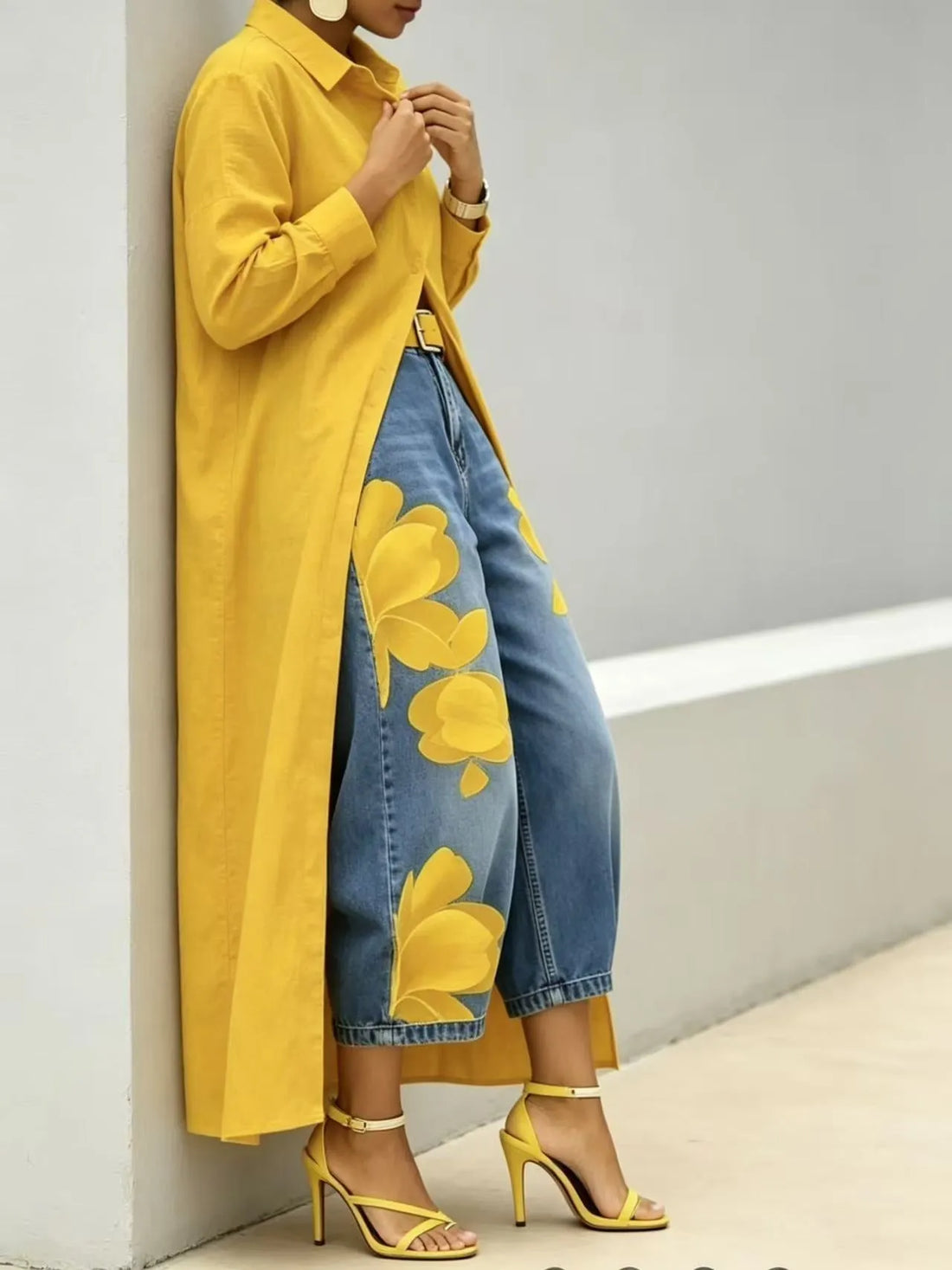 Long shirt paired with a floral wide-leg denim trouser set