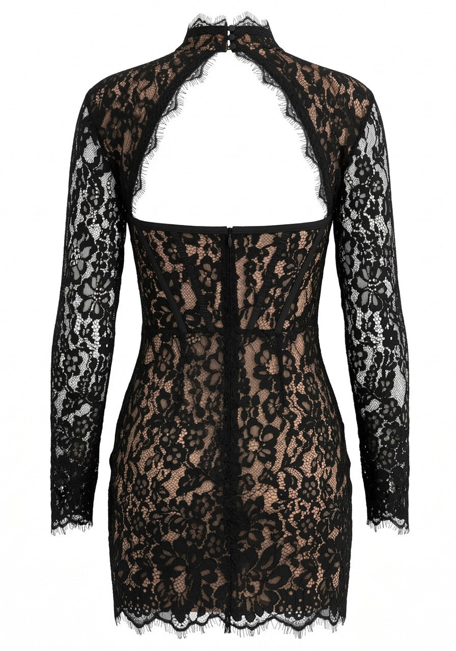 Long Sleeve Structured Lace Dress Black