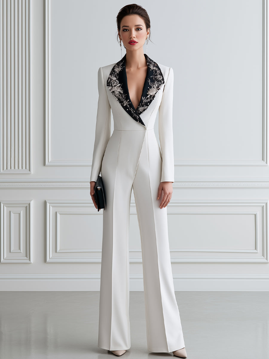 Embellished Contrast Lapel Tailored Wide-Leg Jumpsuit