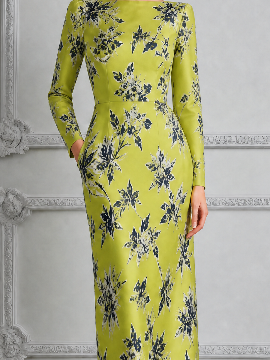 Chartreuse Floral Print Square Neck Pencil Midi Dress
