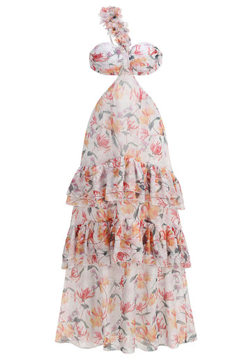 One Shoulder Floral Ruffle Maxi Dress Orange