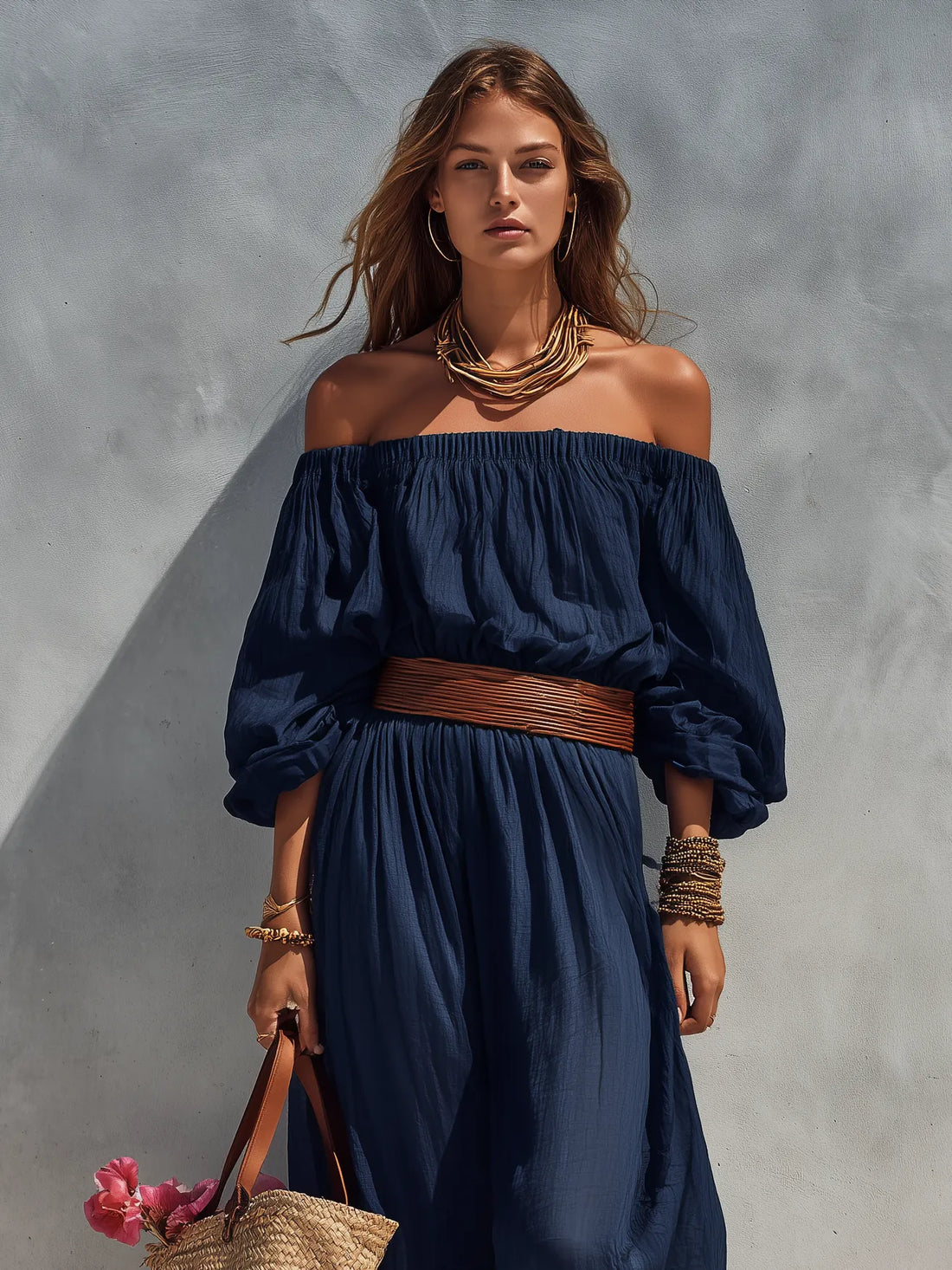 Women's Casual Dark Blue Cotton Linen Strapless Long-sleeved Dress (belt Not Included) MDZ1281C1AN