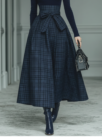 Women’s Navy Plaid High-Waisted Belted Pleated A-Line Midi Skirt MDA2668K7T