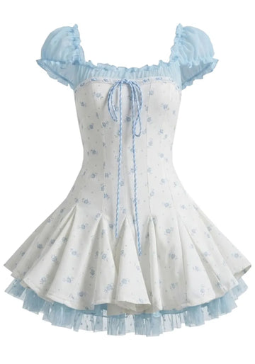 Short Sleeve Floral A Line Corset Dress Blue
