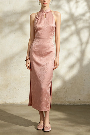 Women's Modern Cheongsam Midi Dress with Mandarin Collar & Side Slits