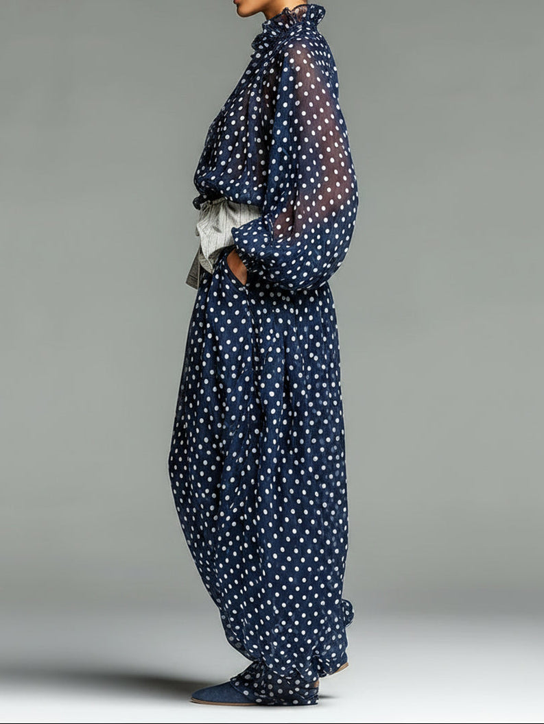 Casual Polka-Dot Chiffon Loose-Fit Long-Sleeve Top and Pants Set(Belt included)