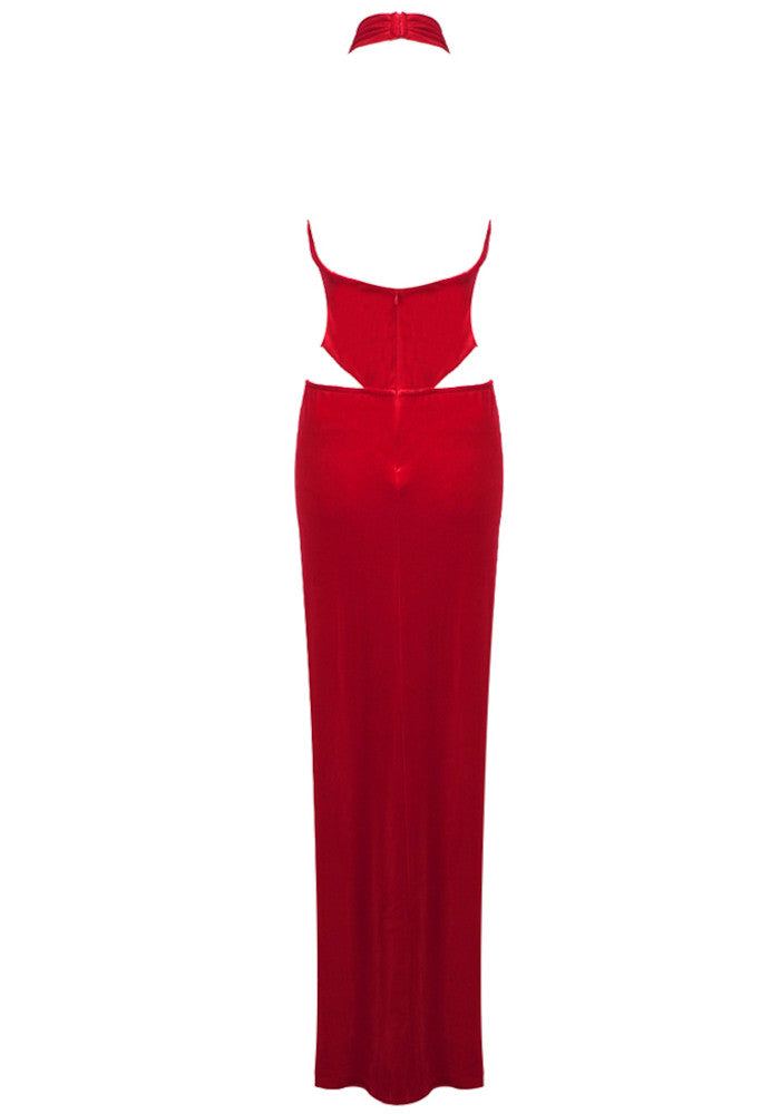 Halter Floral Maxi Velvet Dress Red