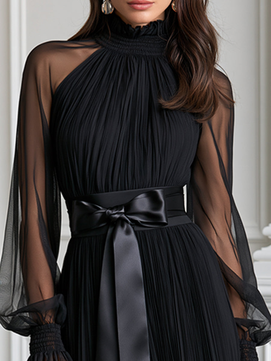 Pleated Sheer Long Sleeve Satin Belt Maxi Evening Dress