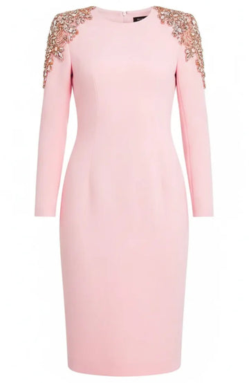 Long Sleeve Embellished Shoulders Midi Dress Pink