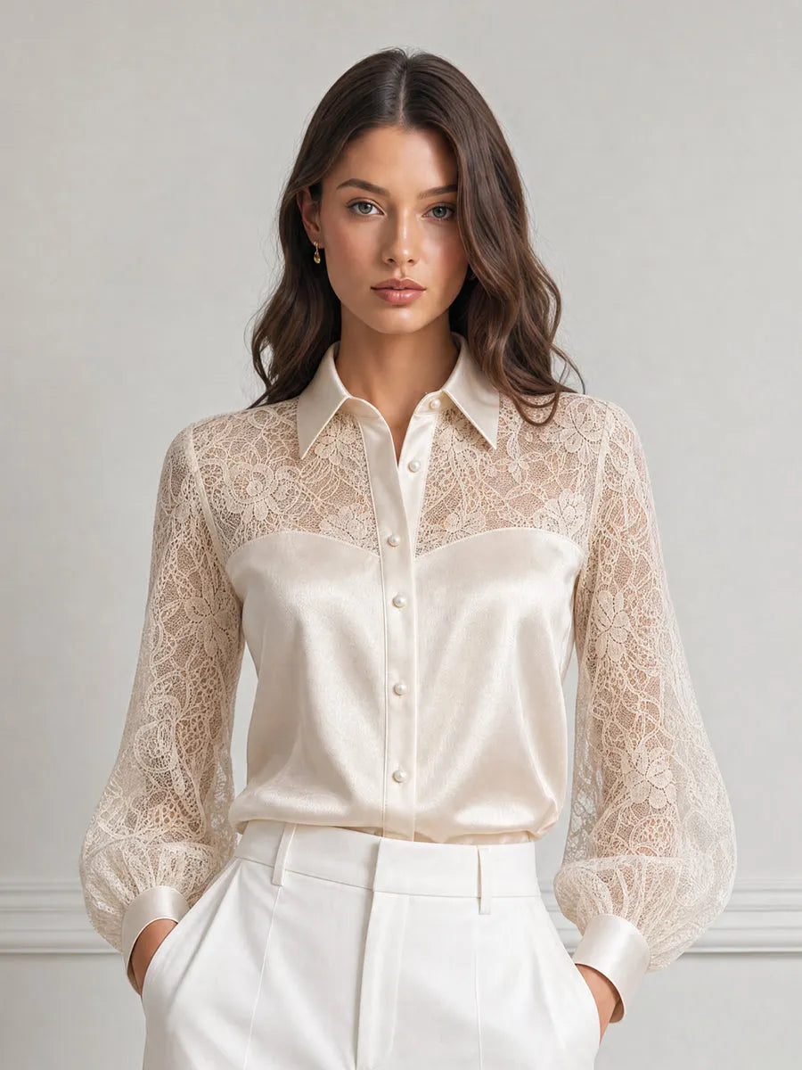 Elegant Floral Lace Satin Patchwork Collared Blouse