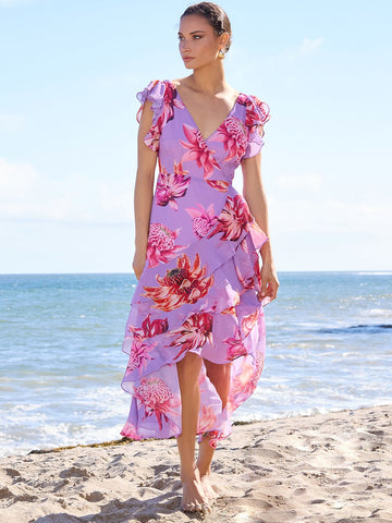 Chiffon Floral Cross Front Ruffle Sundress Midi Dress