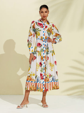 Linen-Cotton Stripe Fruit Print Midi Shirt Dress