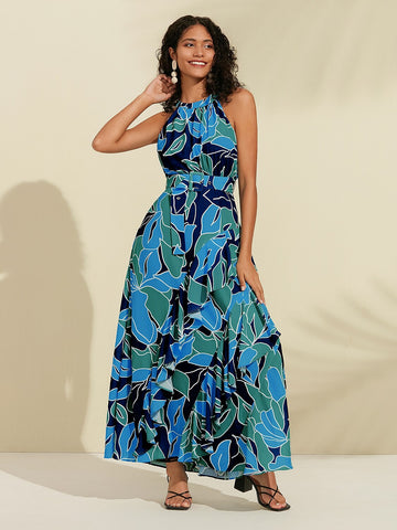 Chiffon Floral Print Halter Neck Ruffle Maxi Dress