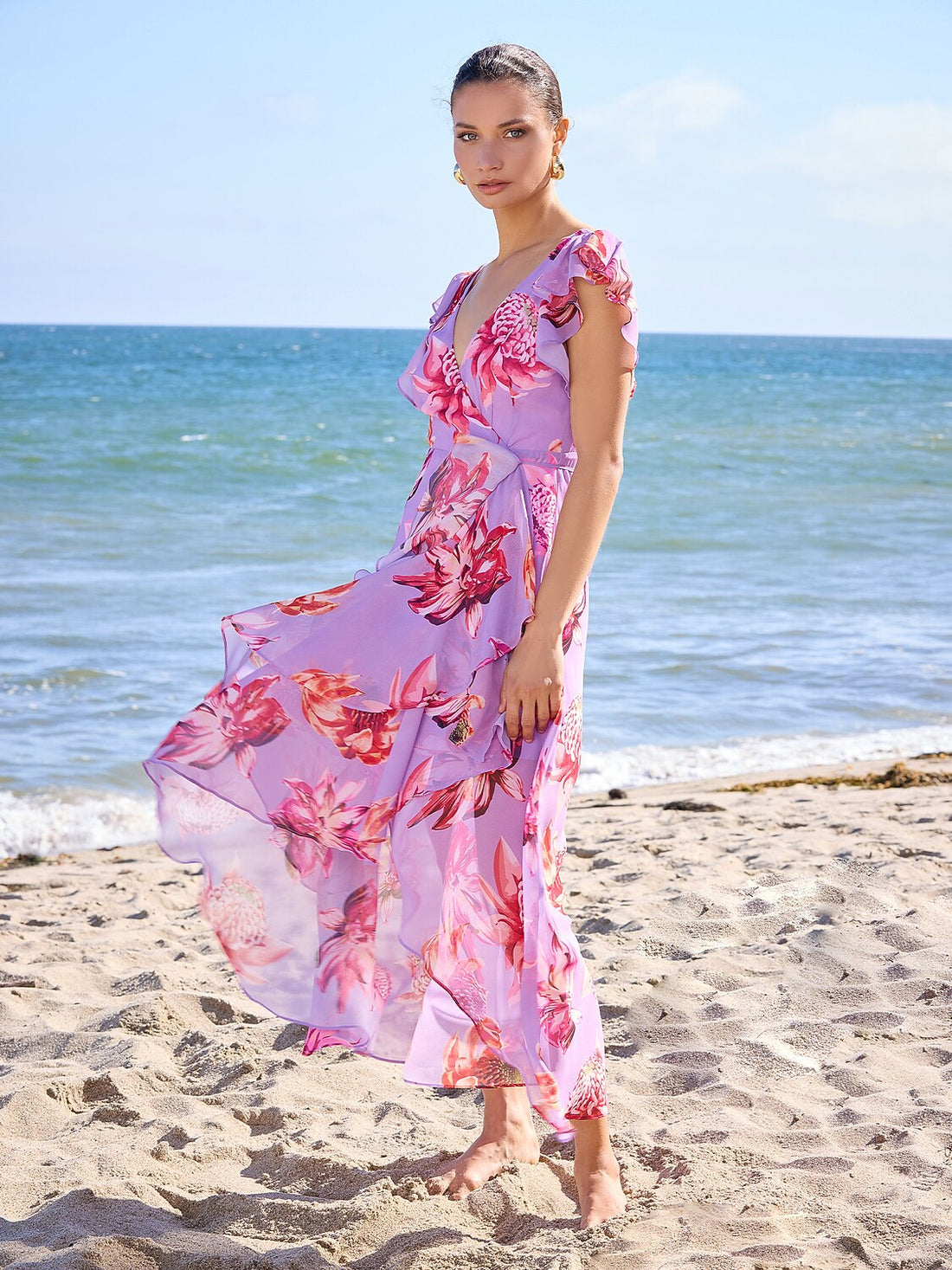 Chiffon Floral Cross Front Ruffle Sundress Midi Dress
