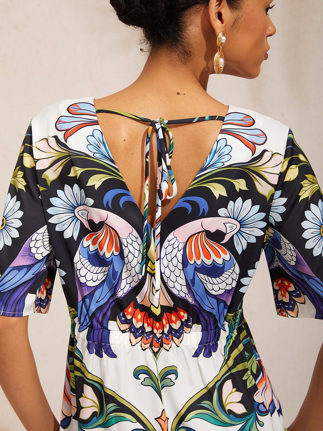 Bird Flower Silky Satin Straight Mini Dress