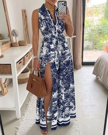 Vintage Ink Print Turn-down Collar Sleeveless Butto Front Maxi Dress Casual Zipper Back Tie Waist Side High Slit Vacation Dress with Belt