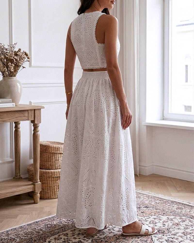 2 Pieces Outfit Sleeveless Hollow-out Back Zipper Side Crop Top and Casual High Waist Elastic Back Waist A Line Skirt Set Casual Lace Hollow Out Pattern Set