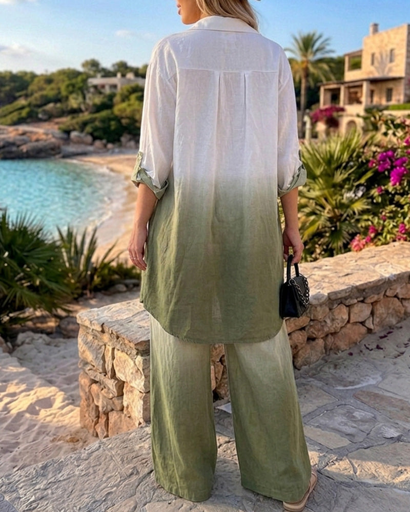 Women's Ombre 2 Piece Outfits Long Sleeve Mid-Length Button Down Shirt and High Waisted Wide Leg Pants Set without Belt