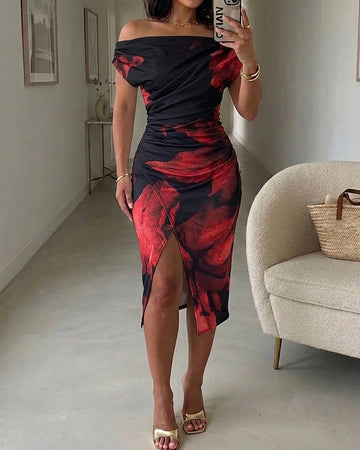 Women's Floral Print Skew Neck Mid-length Dress Ruched Wrapped Slit Bodycon Dress Elegant Party Cocktail Evening Gown