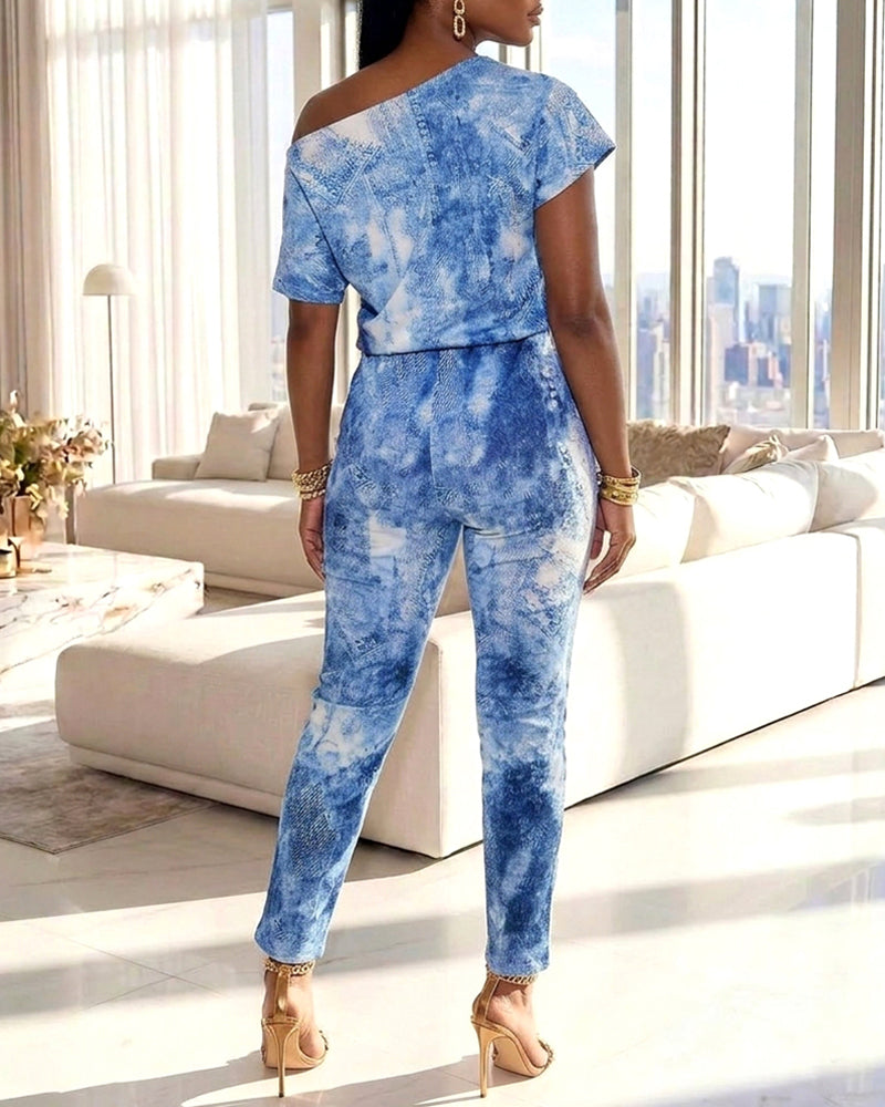 Women's Denim Look Print Skew Neck Jumpsuit Short Sleeve Drawstring Waist Slim Fit Overalls