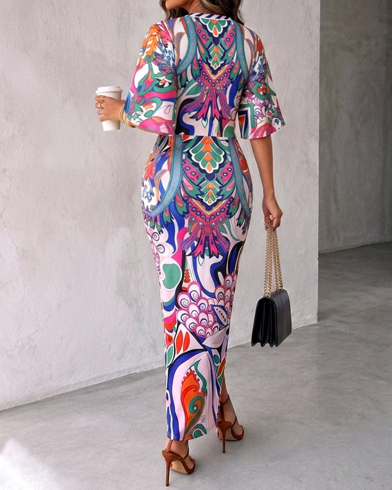 Women's Sexy Deep V Neck Abstract Print Maxi Dress Drawstring Ruched Front Slit Half Sleeve Bodycon Dress