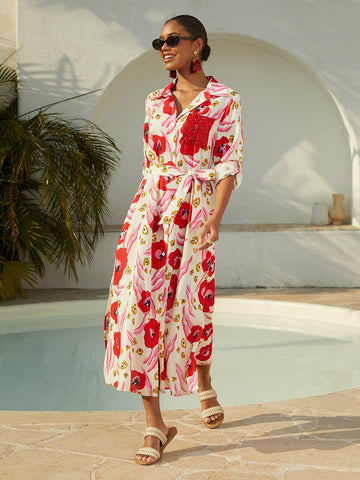 Abstract Floral Airy Linen Style Shirt Dress