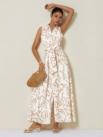 Abstract Floral Effortless Linen-Style Shirt Dress