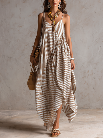 Neutral Striped Asymmetric Boho Maxi Dress