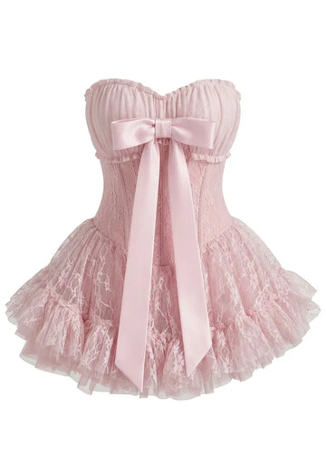 Strapless Draped Bustier Lace A Line Corset Dress Pink