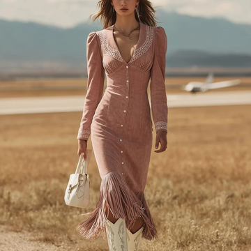 Women's Vintage Elegant Pink Velvet Dress With Fringe Hem