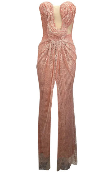 Strapless Draped Bustier Sparkly Maxi Dress Pink