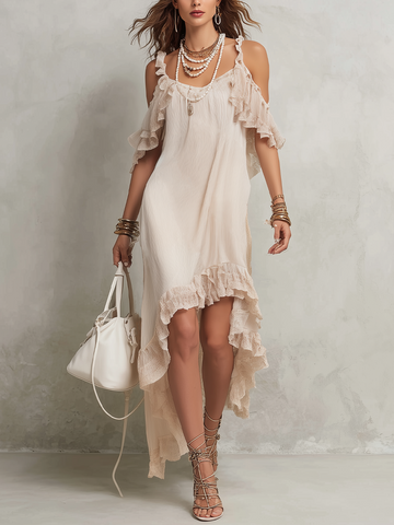 Romantic Ruffle Cold-Shoulder Asymmetrical Midi Dress