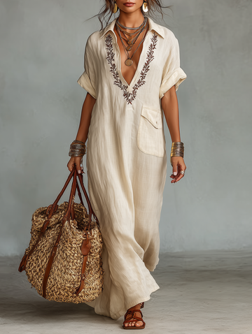 Women's Minimalist Linen Blend Embroidered Short-sleeved Shirt Maxi Dress MDZ0600A1Y