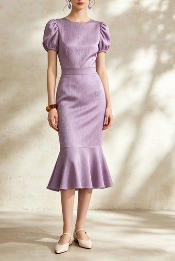 Women's Puff Sleeve Solid Color Mermaid Midi Dress