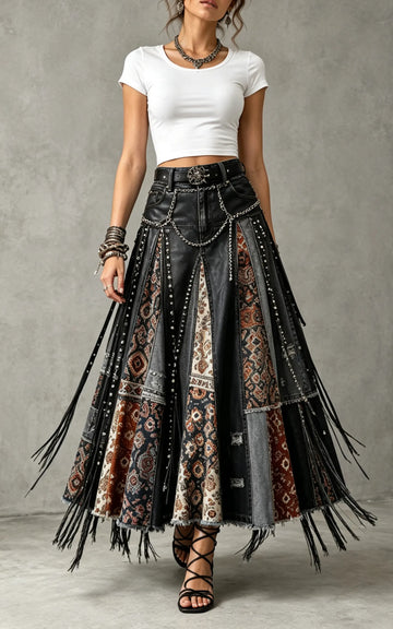 Patchwork Faux Leather Fringe Maxi Skirt
