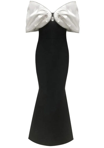 Crystal Draped Bardot Maxi Dress Black White