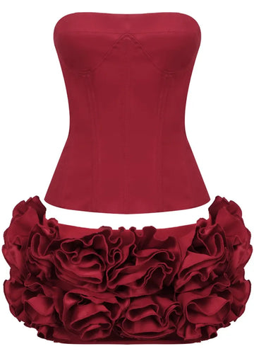Strapless Corset Floral Ruffle Two Piece Dress Red