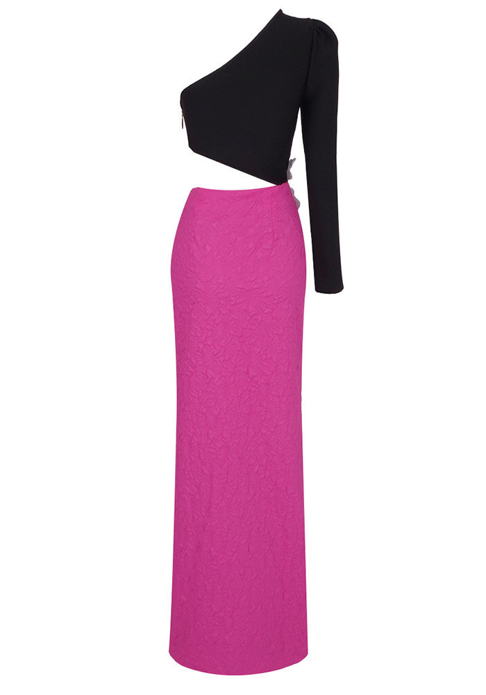One Sleeve Flower Maxi Dress Black Hot Pink