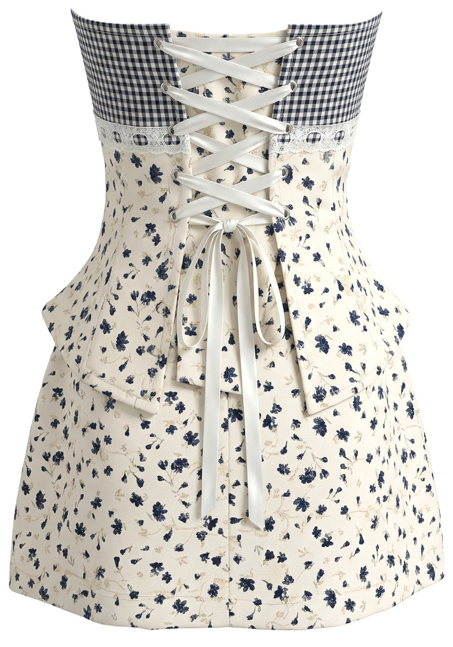 Strapless Floral Corset Two Piece Dress Ivory Blue